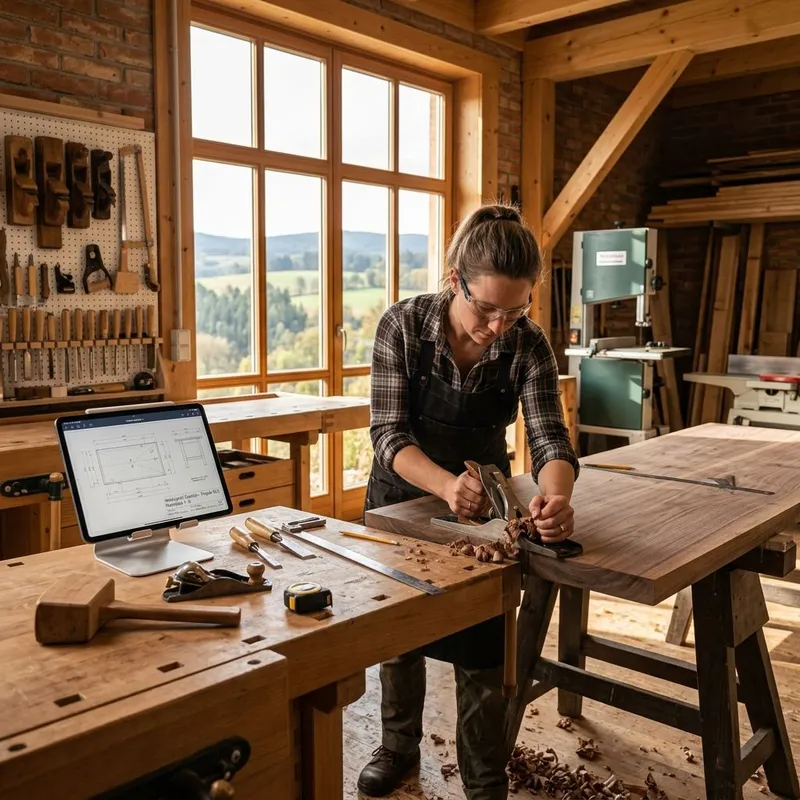 Tischler arbeitet in einer Holzwerkstatt im Waldviertel - Prozessautomatisierung und Digitalisierung im Handwerk durch Kenma Automations